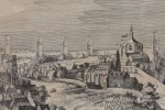 Pohled na gotickou hradbu Nového Města pražského v oblasti Karlova na výřezu z tzv. Sadelerova prospektu z 1. pol. 17. století (Muzeum hlavního města Prahy;; inv.č. 17442).