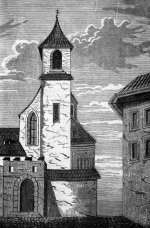 Možná podoba kostela, jak ji v roce 1866 ztvárnil do své knihy Malebné cesty po Praze E. Herold. Zobrazení jižní lodi chrámu patrně neodpovídá realitě (Herold 1866).