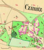 Historické jádro Čimic na výřezu stabilního katastru z roku
1842. 1 – poloha středověkého tvrziště. © ČÚZK.
