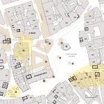 Staroměstské náměstí s vyznačením nejvýznamnějších archeologických nálezů a zaniklých staveb (vyznačeny číslem a hnědou barvou). Černě vyznačena dochovaná patra románských kvádříkových domů, dnes převážně v úrovni suterénu (Boháčová - Podliska ed. 2017, 168).