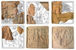 Příklady nalezených kamnových kachlů z 2. pol. 15. století (s použitím kreseb celých kachlů z Pavlík 2017, Pavlík – Vitanovský 2004). Foto: M. Vyšohlíd.